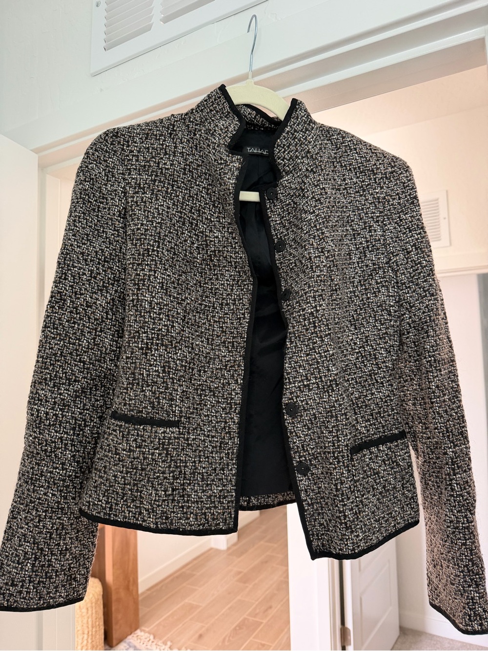 Tahari Black & White Tweed Collarless Blazer with Trim